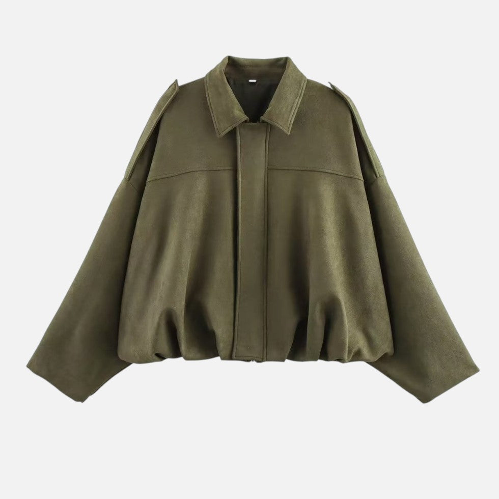 Faux Suede Jacket Womens Cropped Oversized Zip Front Collared - image 1