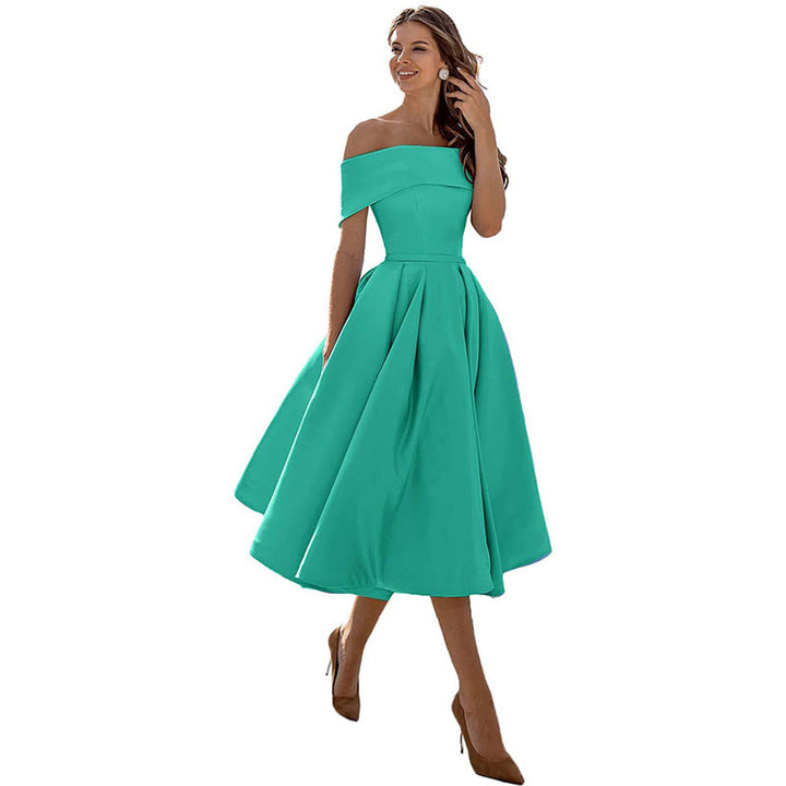 Off The Shoulder Dress Womens Bardot Satin Midi Pleated Skater Wedding Guest Party - image 5