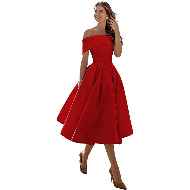 Off The Shoulder Dress Womens Bardot Satin Midi Pleated Skater Wedding Guest Party - image 11