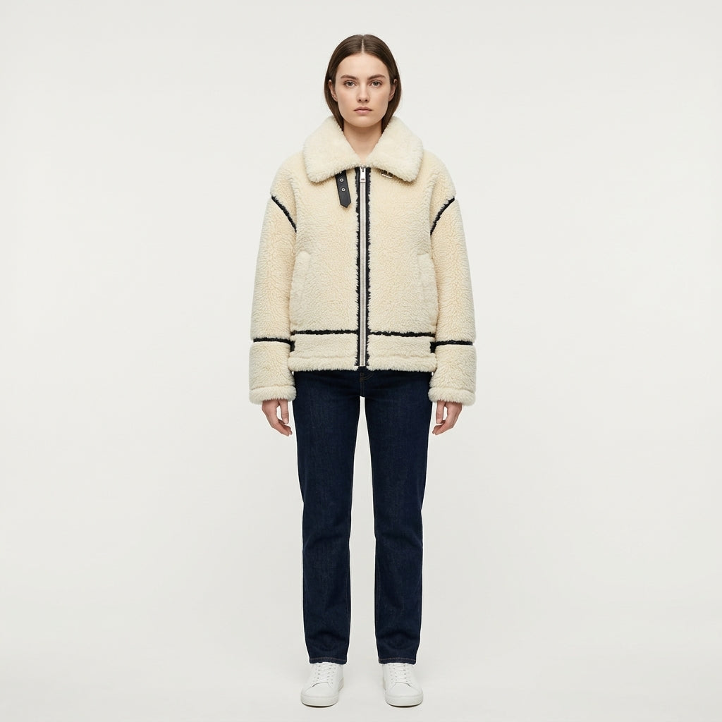 Teddy Jacket Womens Contrast Trim Zip Front Collared Oversized - image 1