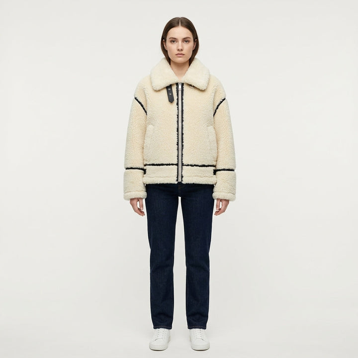 Teddy Jacket Womens Contrast Trim Zip Front Collared Oversized - image 1