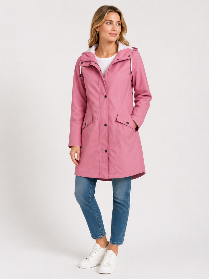 Long Raincoat Womens Hooded Waterproof Button Front Drawstring Waist - image 1