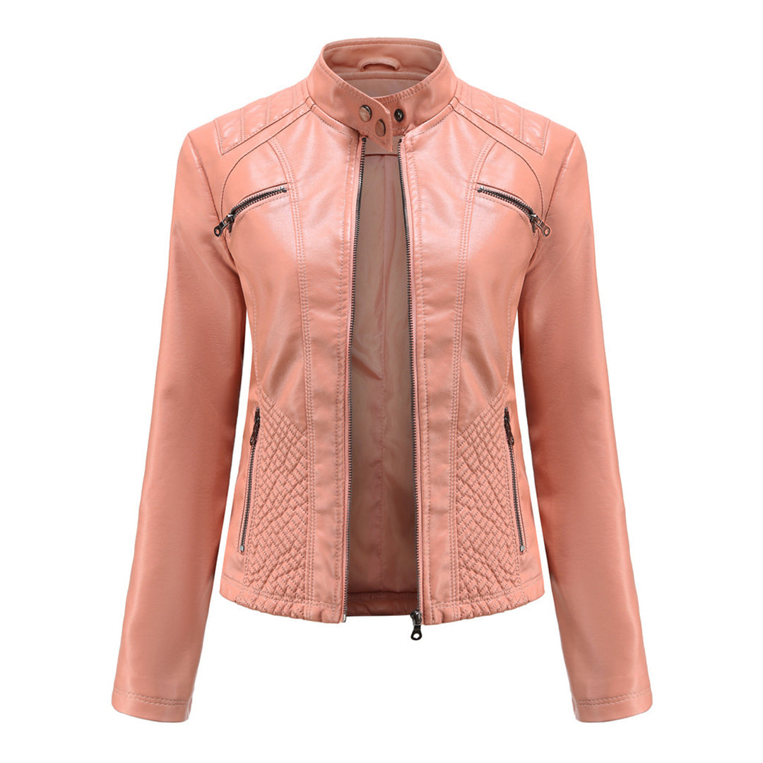 Faux Leather Jacket Womens Biker Stand Collar Zip Up Quilted Slim Fit - image 5