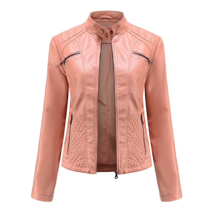 Faux Leather Jacket Womens Biker Stand Collar Zip Up Quilted Slim Fit - image 5