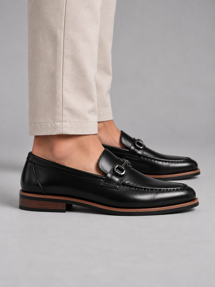 Horsebit Loafers Mens Leather-Look Slip On Apron Toe Stacked Heel Smart Formal - image 6