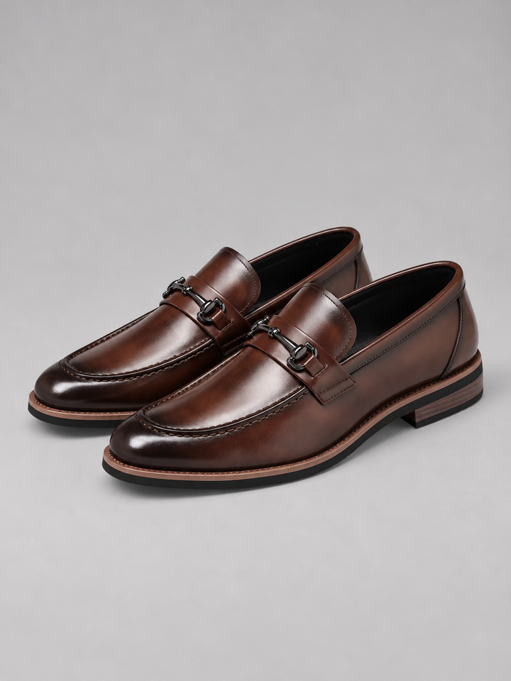 Horsebit Loafers Mens Leather-Look Slip On Apron Toe Stacked Heel Smart Formal - image 1