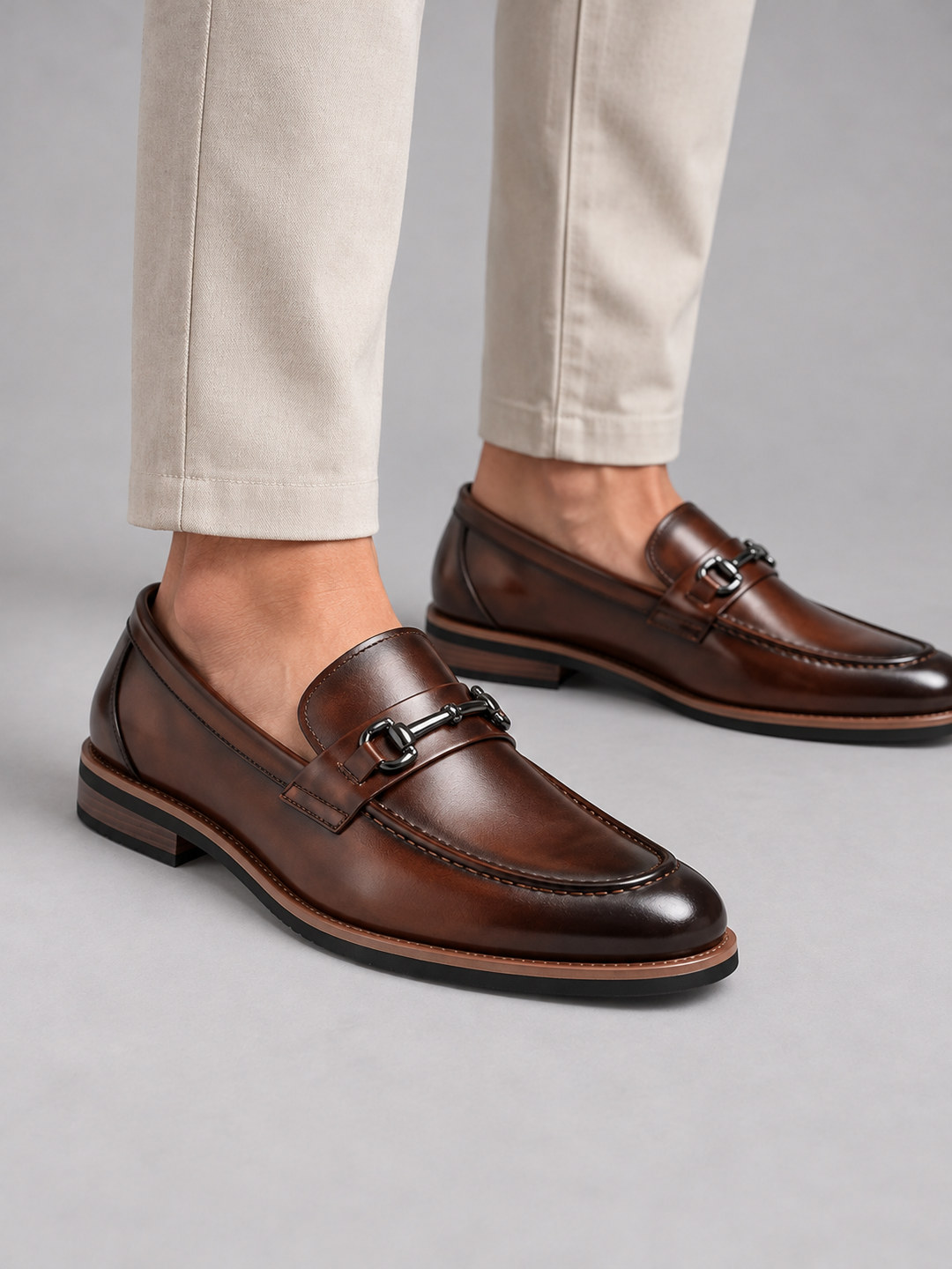 Horsebit Loafers Mens Leather-Look Slip On Apron Toe Stacked Heel Smart Formal - image 2