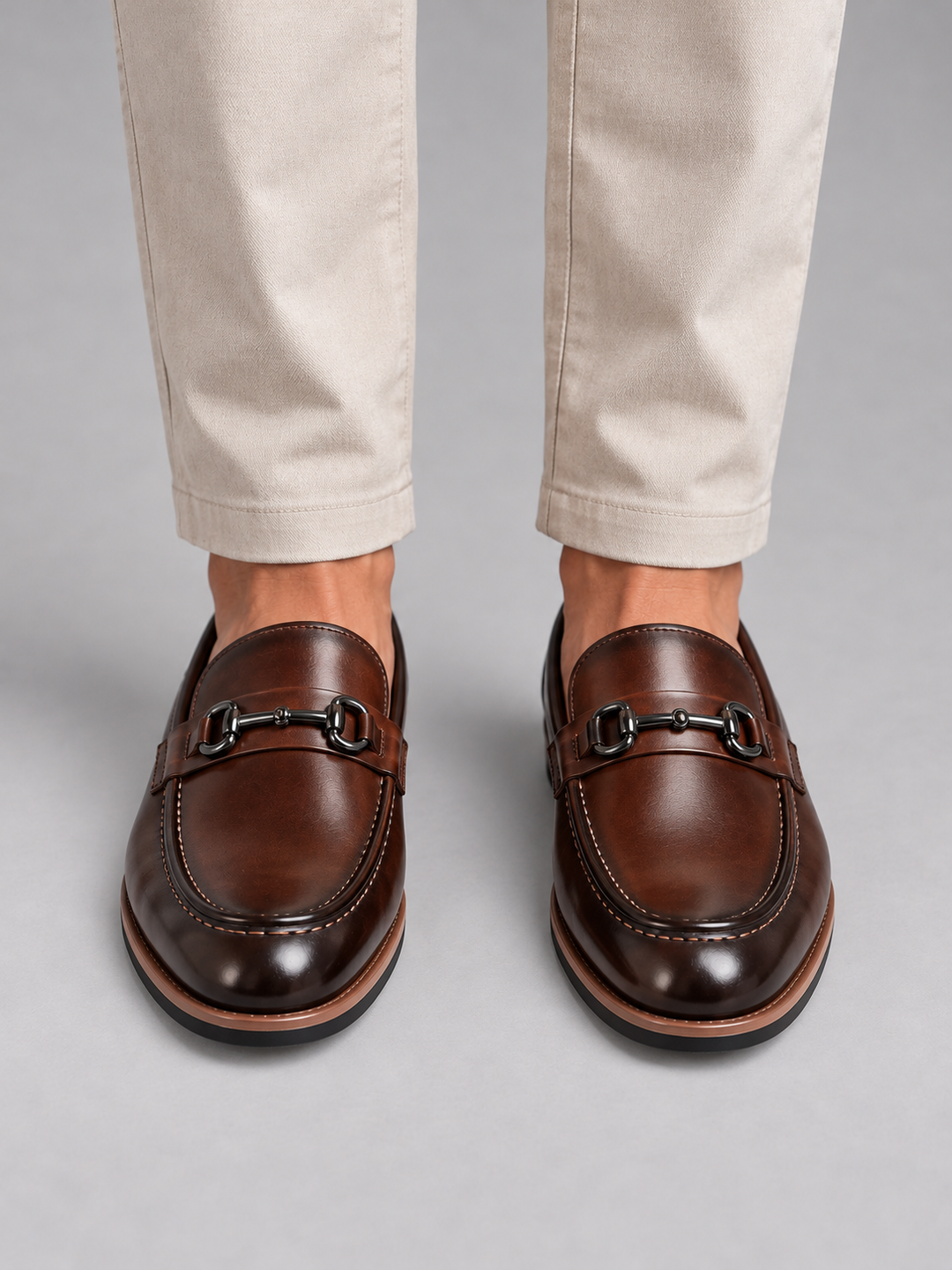 Horsebit Loafers Mens Leather-Look Slip On Apron Toe Stacked Heel Smart Formal - image 3