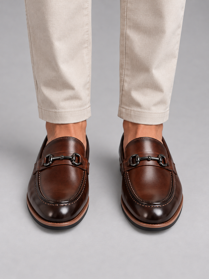 Horsebit Loafers Mens Leather-Look Slip On Apron Toe Stacked Heel Smart Formal - image 3