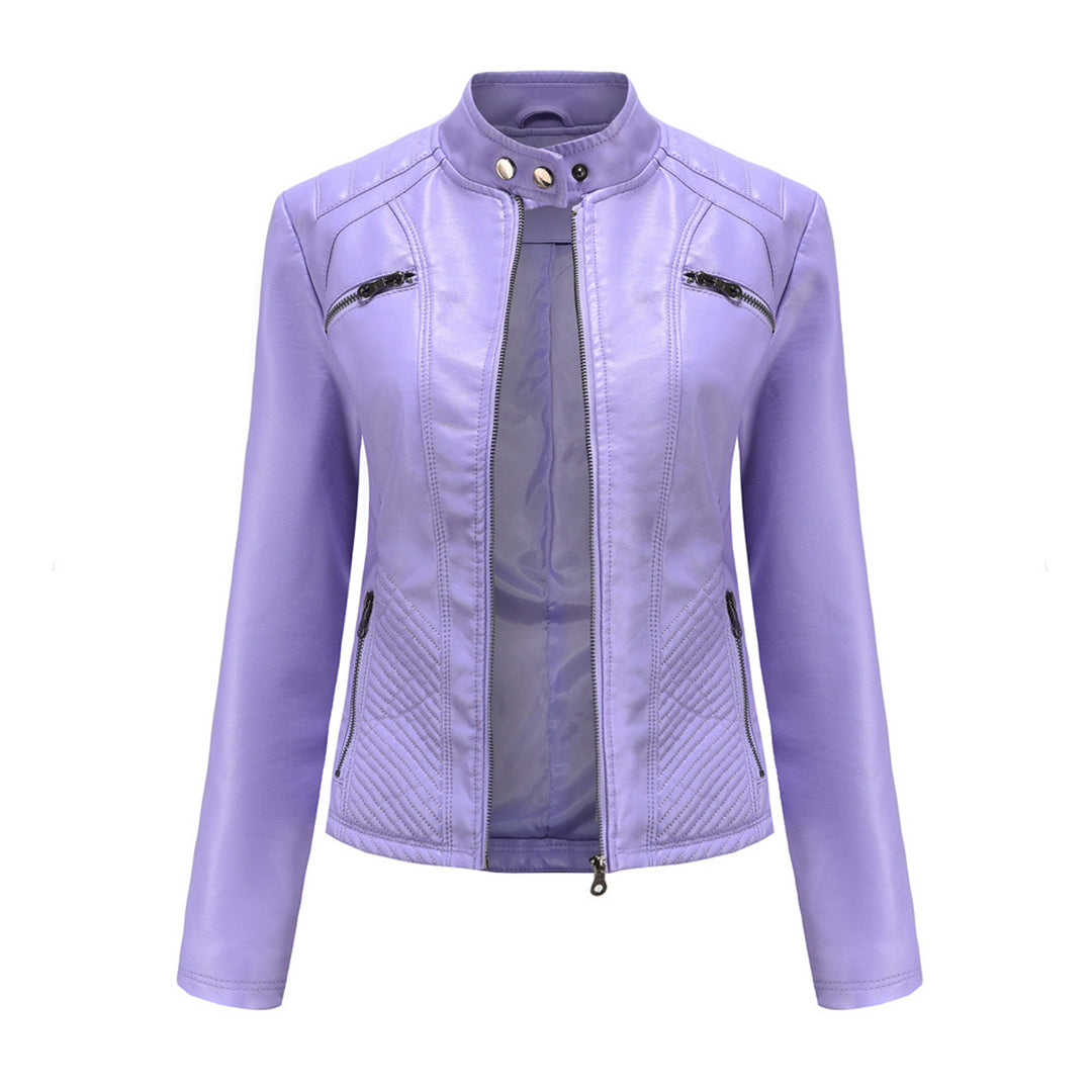 Faux Leather Jacket Womens Biker Stand Collar Zip Up Quilted Slim Fit - image 6