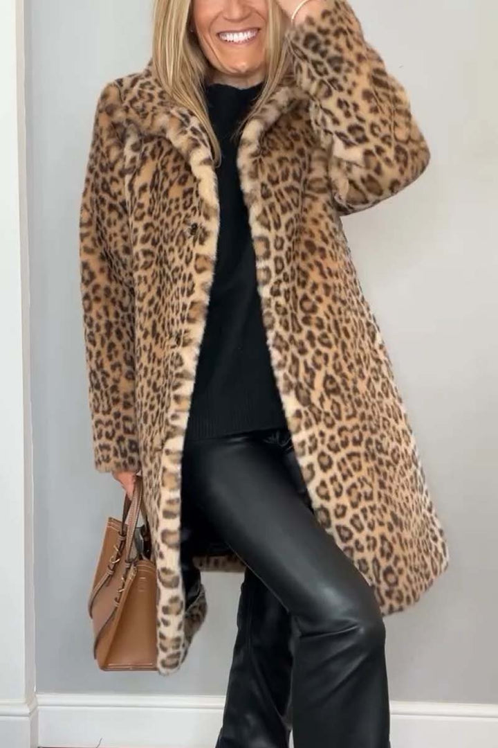 Leopard Print Coat Womens Faux Fur Long Lapel Collar - image 3
