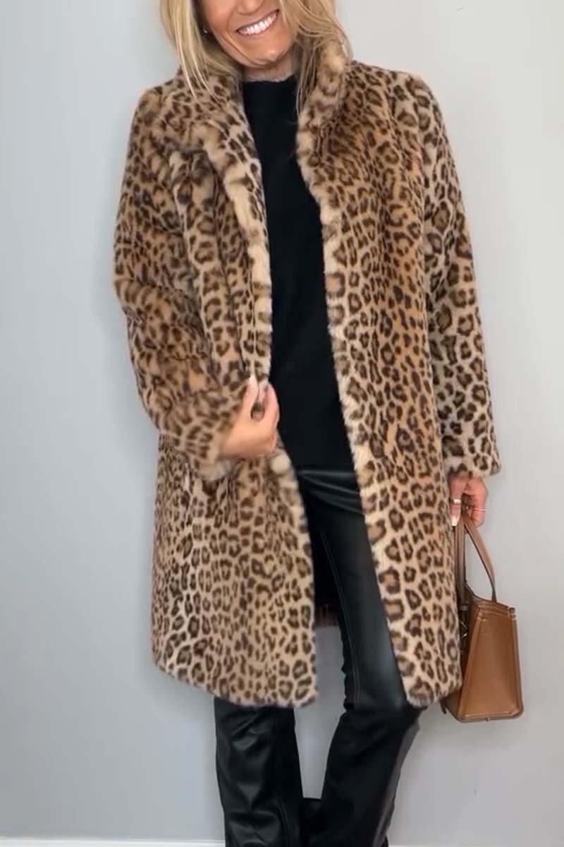 Leopard Print Coat Womens Faux Fur Long Lapel Collar - image 4