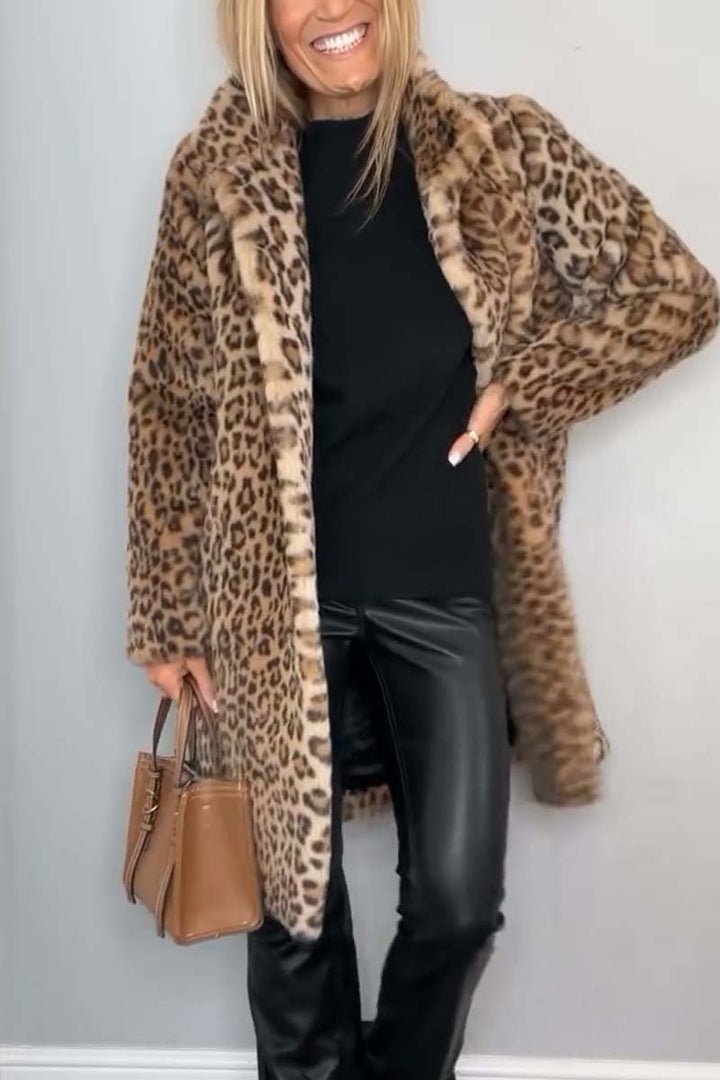 Leopard Print Coat Womens Faux Fur Long Lapel Collar - image 5
