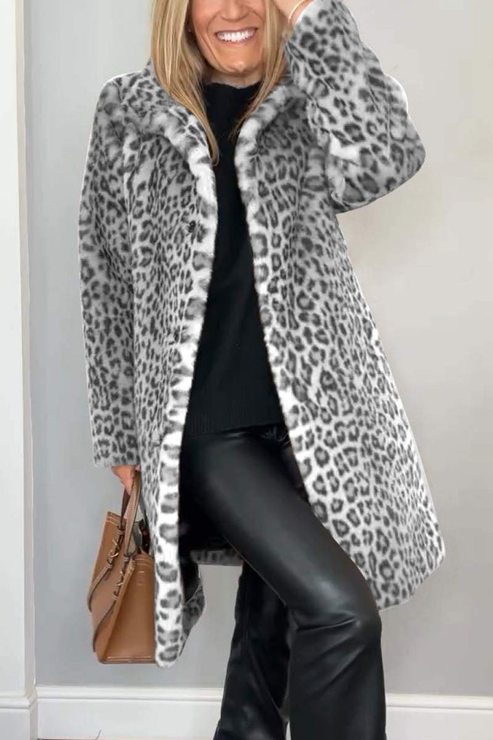 Leopard Print Coat Womens Faux Fur Long Lapel Collar - image 7