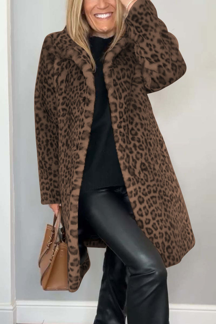 Leopard Print Coat Womens Faux Fur Long Lapel Collar - image 8