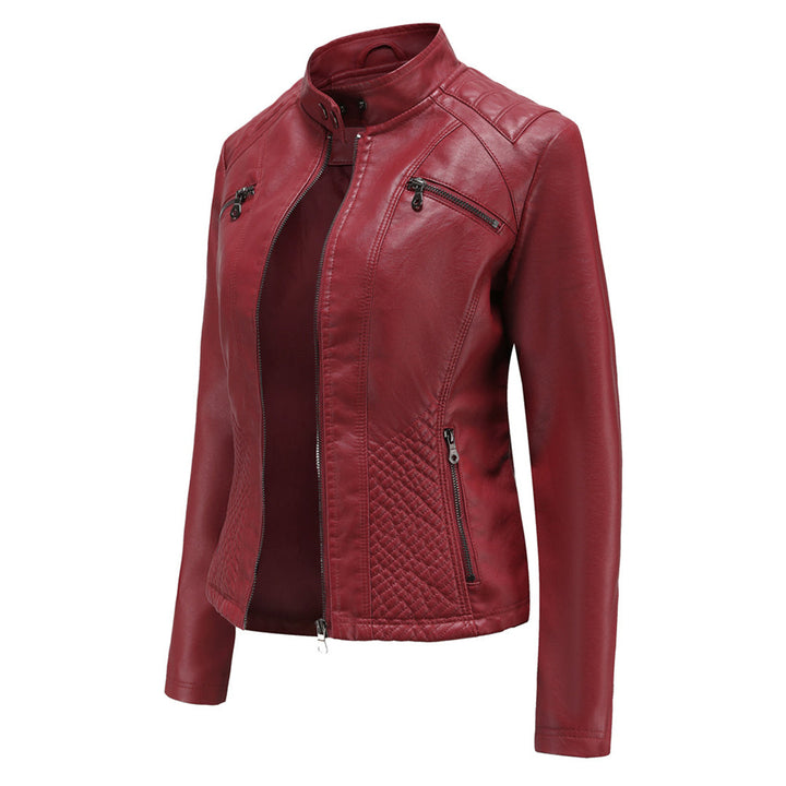 Faux Leather Jacket Womens Biker Stand Collar Zip Up Quilted Slim Fit - image 14