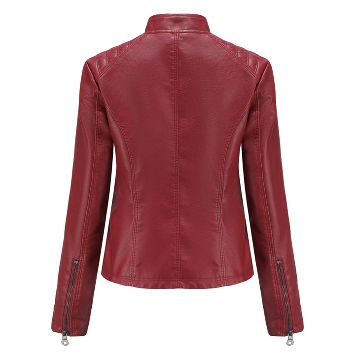 Faux Leather Jacket Womens Biker Stand Collar Zip Up Quilted Slim Fit - image 16