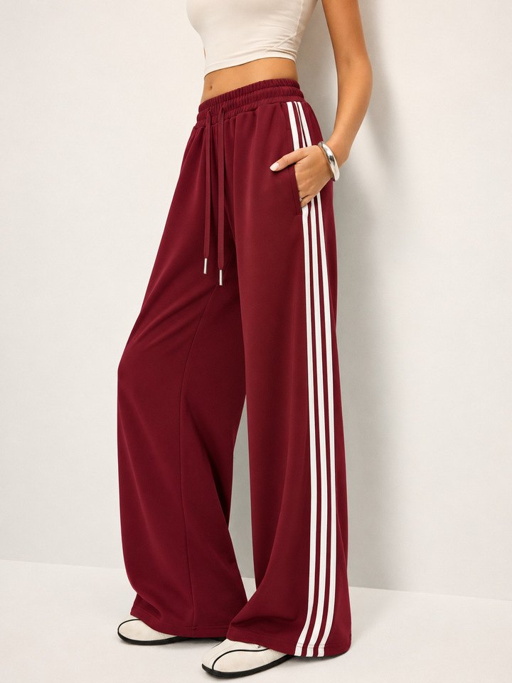 Wide Leg Joggers Womens Side Stripe Elasticated Drawstring Waist Relaxed Fit Full Length