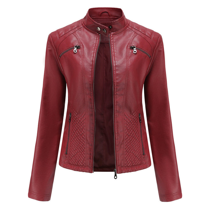 Faux Leather Jacket Womens Biker Stand Collar Zip Up Quilted Slim Fit - image 3