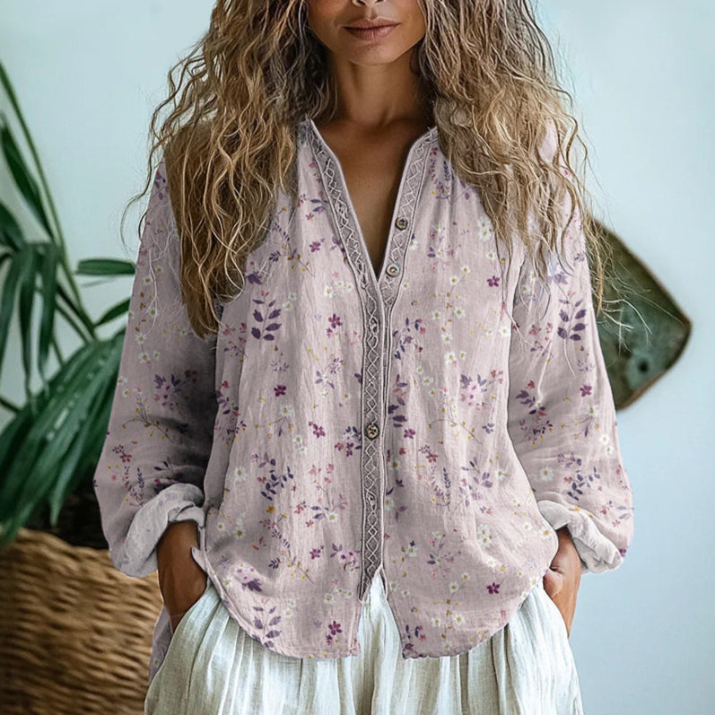 Blouse Womens Floral Print V Neck Button Front Long Sleeve