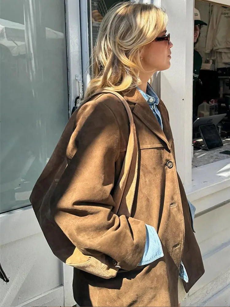 Faux Suede Jacket Womens Oversized Notch Lapel Single Breasted Button Front - image 3