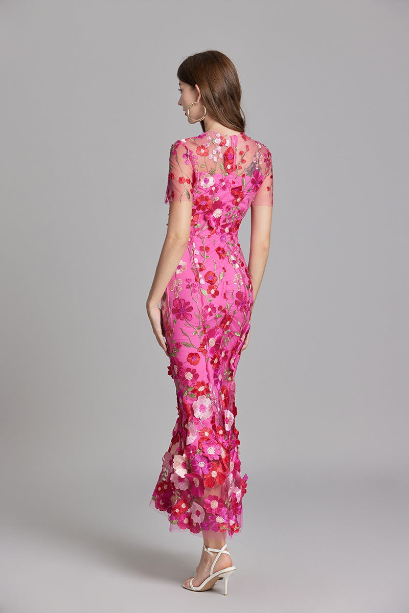 Midi Dress Womens Floral Applique Fitted Bodice Wedding Guest