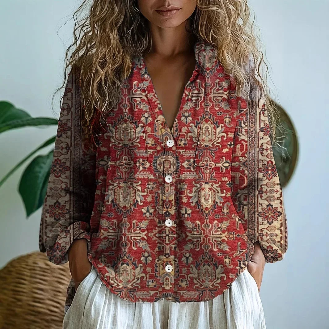 Blouse Womens Floral Print V Neck Button Front Long Sleeve