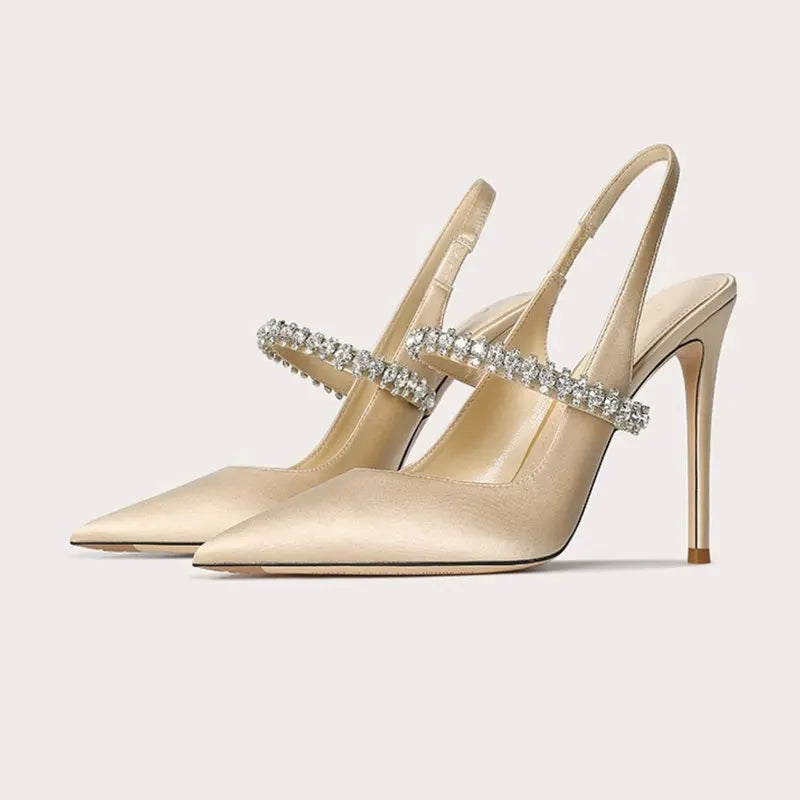 Slingback Heels Womens Satin Pointed Toe Jewelled Ankle Strap