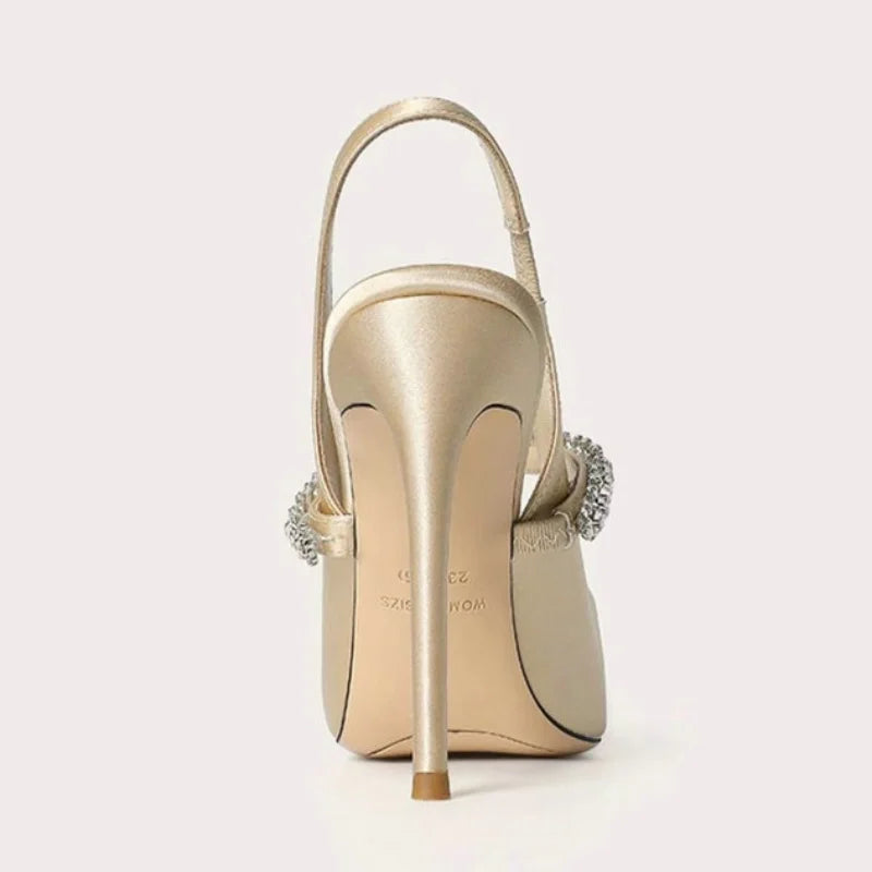Slingback Heels Womens Satin Pointed Toe Jewelled Ankle Strap