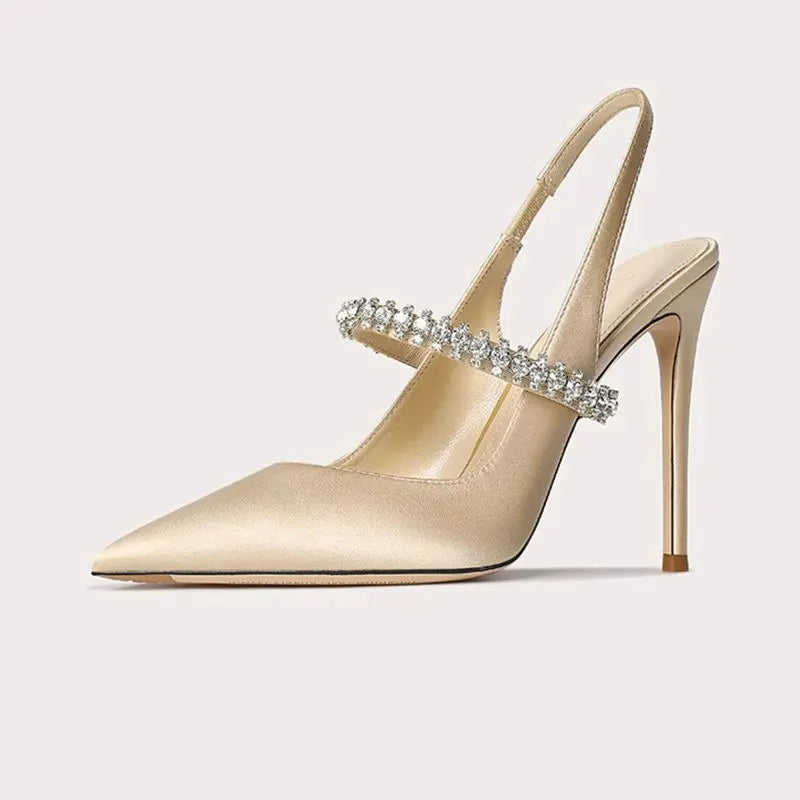 Slingback Heels Womens Satin Pointed Toe Jewelled Ankle Strap