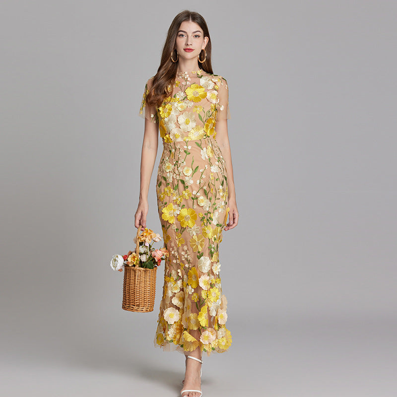 Midi Dress Womens Floral Applique Fitted Bodice Wedding Guest