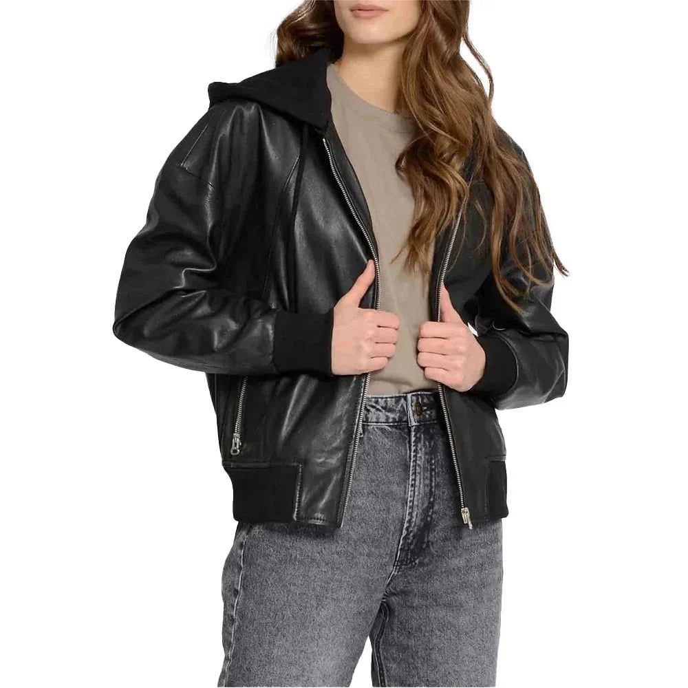 Leather Bomber Jacket Womens Removable Hood Ribbed Cuffs Hem - image 1