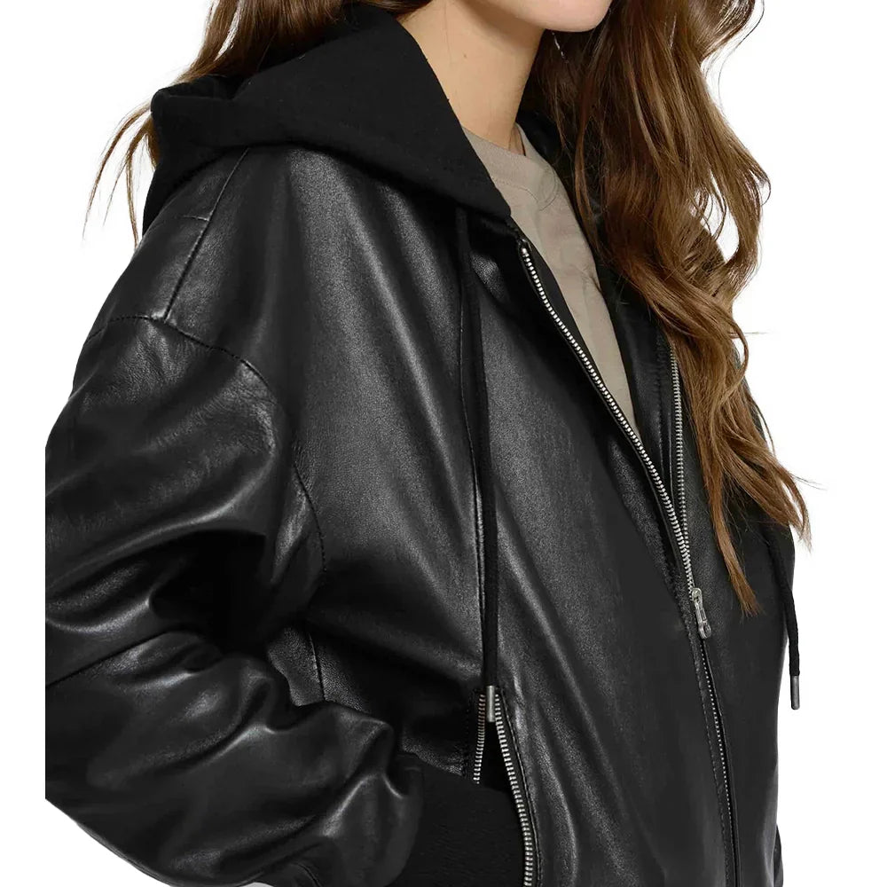 Leather Bomber Jacket Womens Removable Hood Ribbed Cuffs Hem - image 4