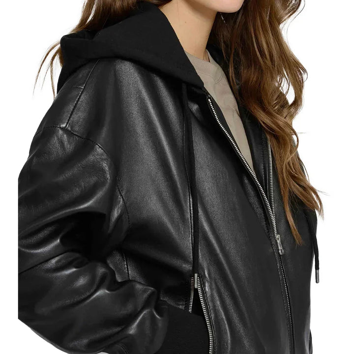 Leather Bomber Jacket Womens Removable Hood Ribbed Cuffs Hem - image 4
