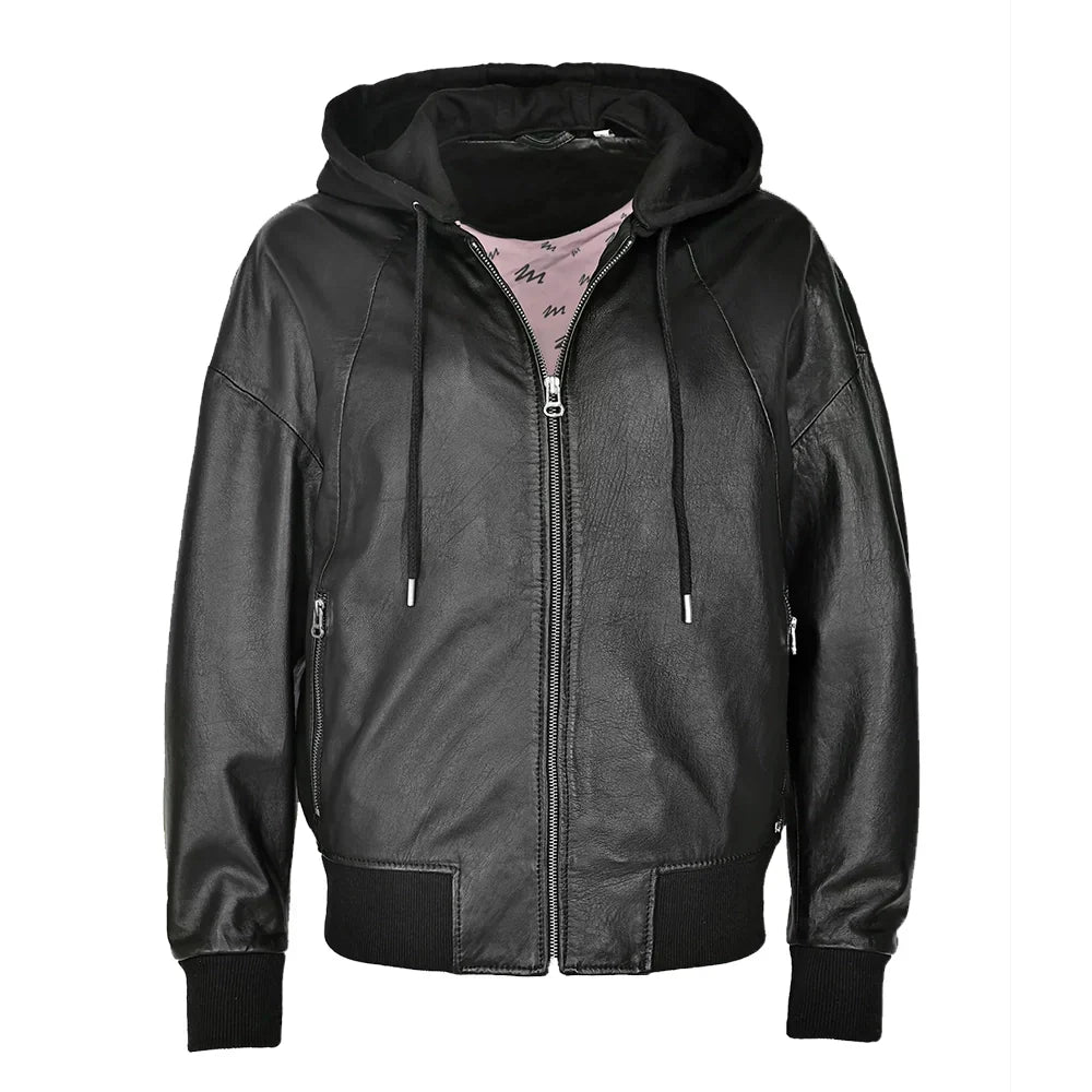 Leather Bomber Jacket Womens Removable Hood Ribbed Cuffs Hem - image 2