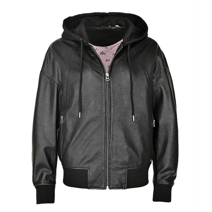 Leather Bomber Jacket Womens Removable Hood Ribbed Cuffs Hem - image 2