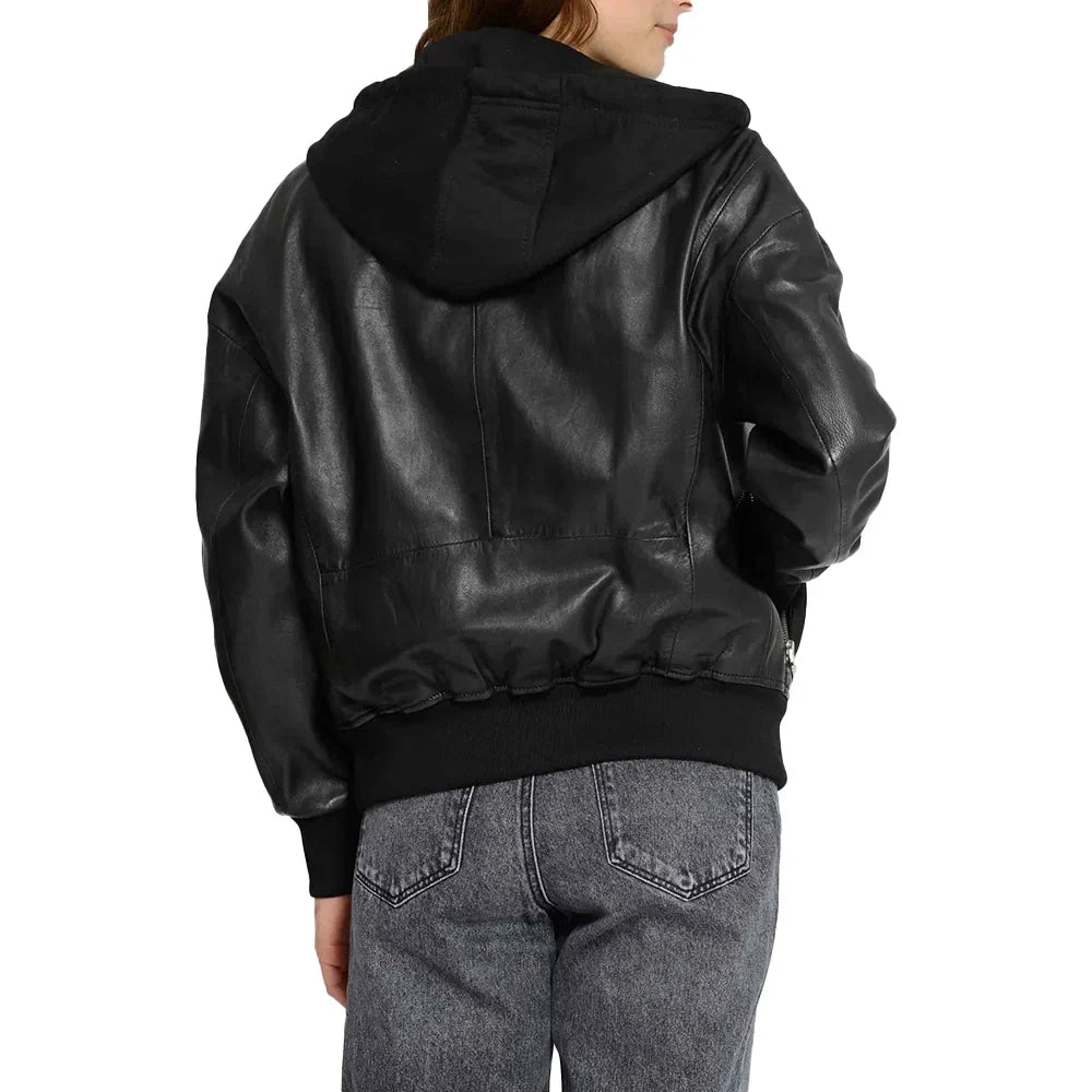 Leather Bomber Jacket Womens Removable Hood Ribbed Cuffs Hem - image 3