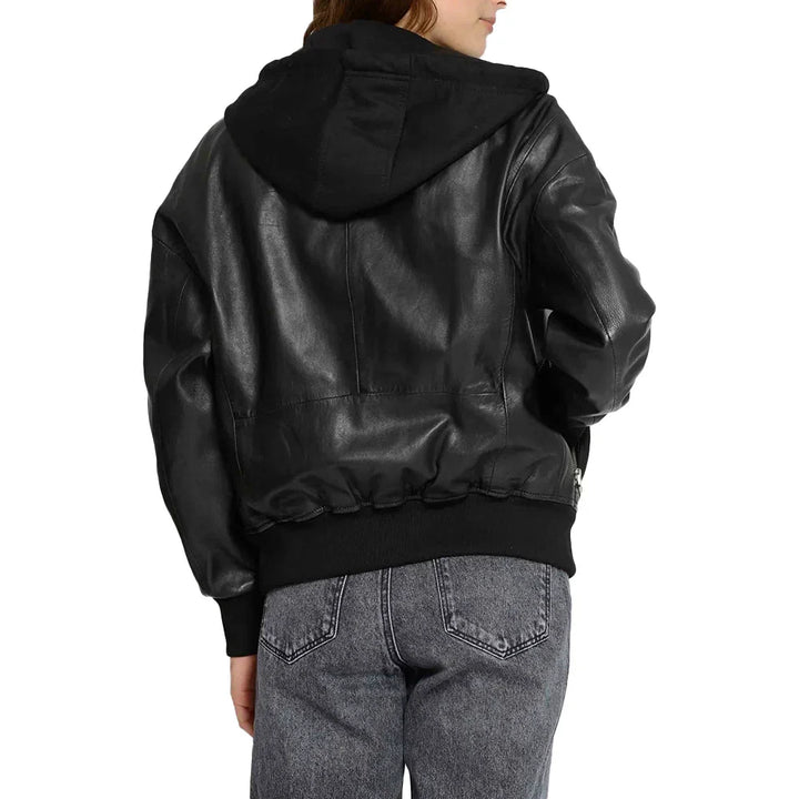 Leather Bomber Jacket Womens Removable Hood Ribbed Cuffs Hem - image 3
