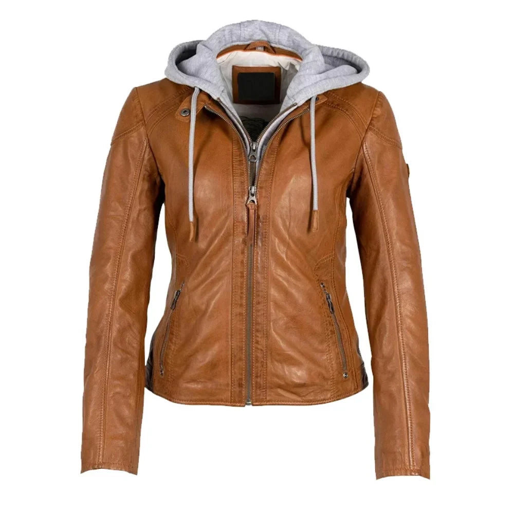 Leather Jacket Womens Biker Cafe Racer Removable Hood Zip Front - image 1