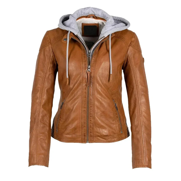 Leather Jacket Womens Biker Cafe Racer Removable Hood Zip Front - image 1