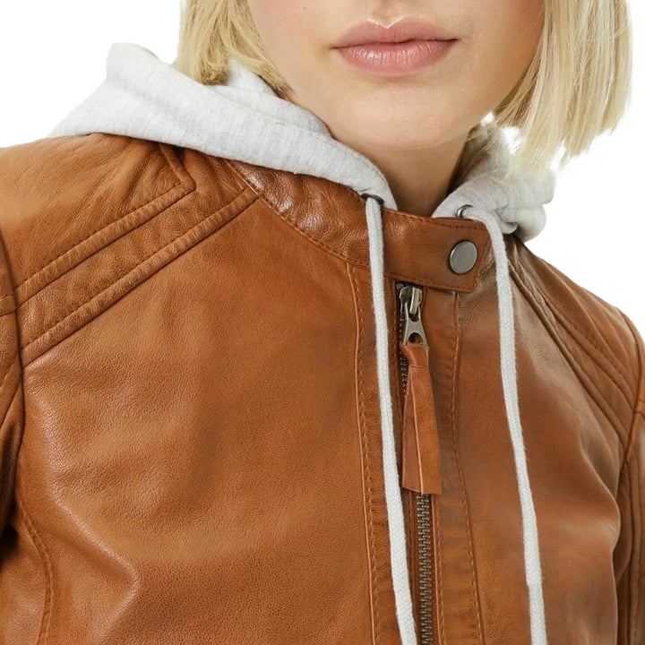 Leather Jacket Womens Biker Cafe Racer Removable Hood Zip Front - image 3