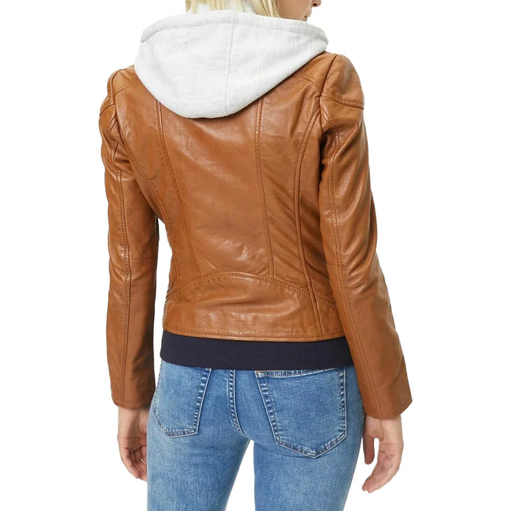 Leather Jacket Womens Biker Cafe Racer Removable Hood Zip Front - image 2
