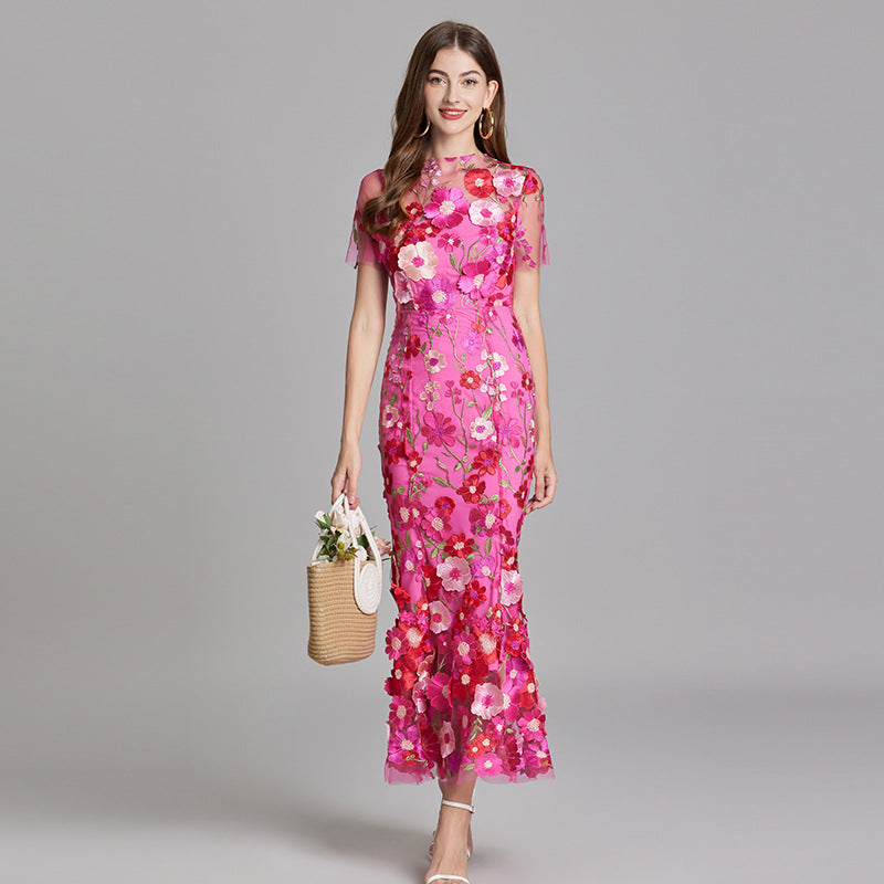 Midi Dress Womens Floral Applique Fitted Bodice Wedding Guest