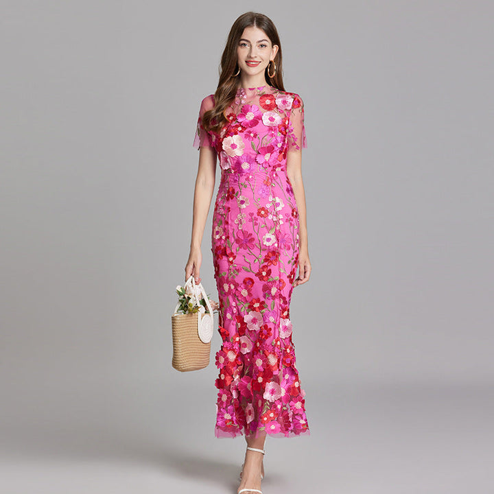 Midi Dress Womens Floral Applique Fitted Bodice Wedding Guest