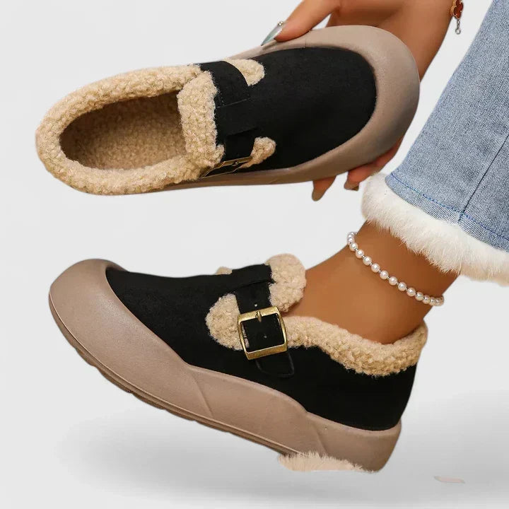 Fur Lined Ankle Boots Womens Suede Effect Buckle Strap Slip On - image 1