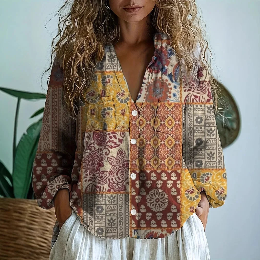 Blouse Womens Floral Print V Neck Button Front Long Sleeve