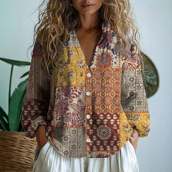 Blouse Womens Floral Print V Neck Button Front Long Sleeve