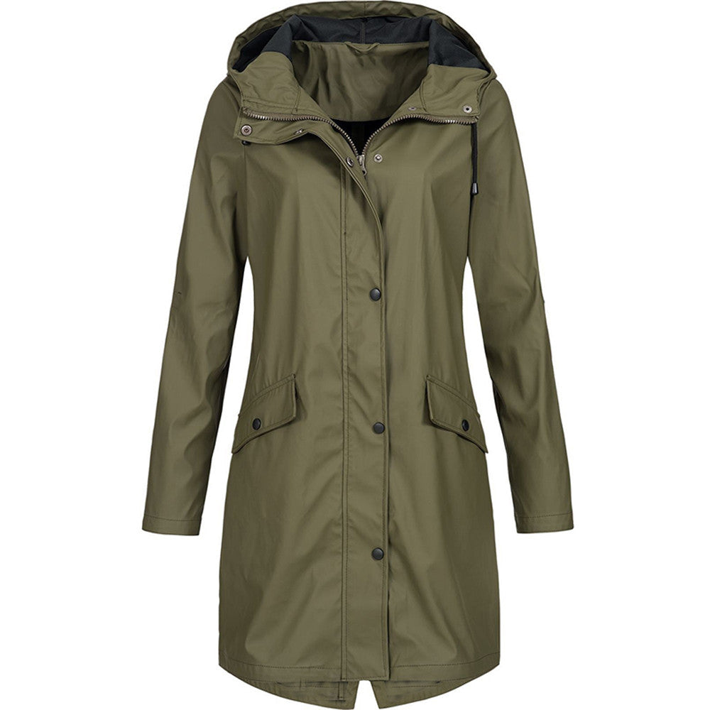 Long Raincoat Womens Hooded Waterproof Button Front Drawstring Waist - image 8