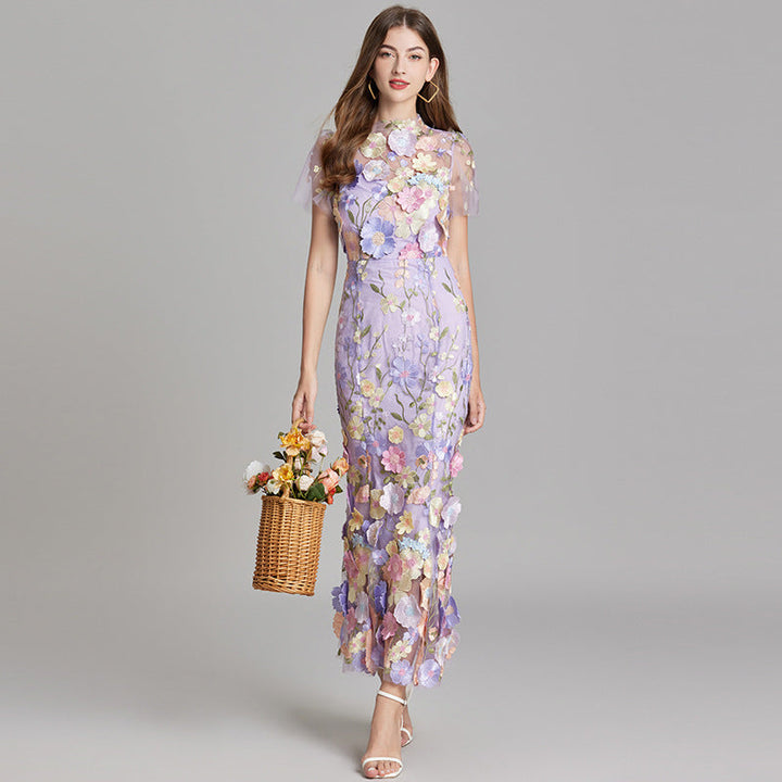Midi Dress Womens Floral Applique Fitted Bodice Wedding Guest