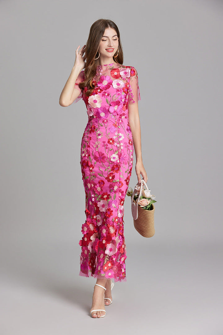 Midi Dress Womens Floral Applique Fitted Bodice Wedding Guest